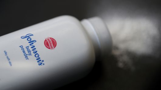 In this photo illustration, a container of Johnson's baby powder made by Johnson and Johnson sits on a table in San Francisco, California.