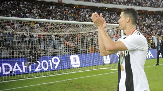 Cristiano Ronaldo of Juventus acknowledges the fans as he celebrates after winning the Italian Supercup match between Juventus and AC Milan at King Abdullah Sports City on January 16, 2019 in Jeddah.