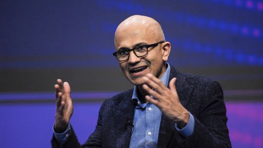 Satya Nadella Microsoft CEO, held a conference about the Intelligent Future, during the Mobile World Congress, on February 25, 2019 in Barcelona, Spain.