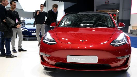 Tesla Model 3 is being displayed for the press members ahead of 97th Brussels Motor Show at Brussels Expo Center in Brussels, Belgium on January 19, 2019.