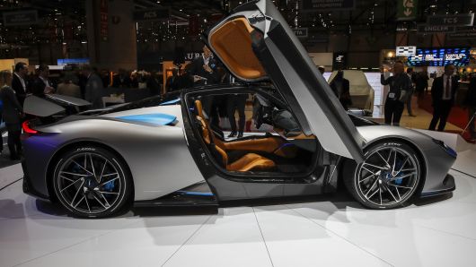 A new Pininfarina SpA Battista luxury hypercar sits on display on the opening day of the 89th Geneva International Motor Show in Geneva, Switzerland, on Tuesday, March 5, 2019.
