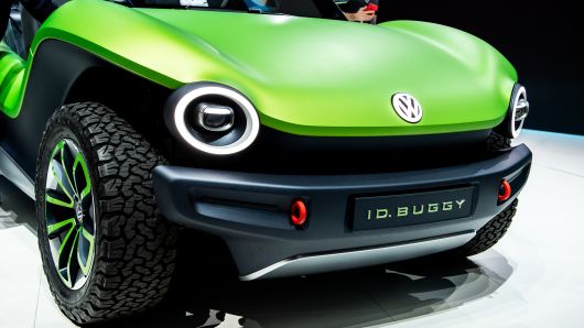 Volkswagen ID Buggy is displayed during the first press day at the 89th Geneva International Motor Show on March 5, 2019.