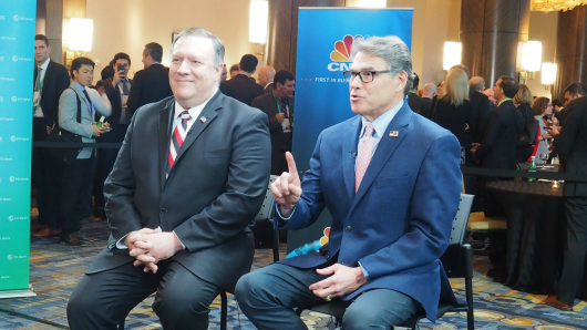 U.S. Secretary of Energy Rick Perry and U.S. Secretary of State Mike Pompeo speak with CNBC at the CERAWeek by IHS Markit conference on Tuesday, March 12, 2019.