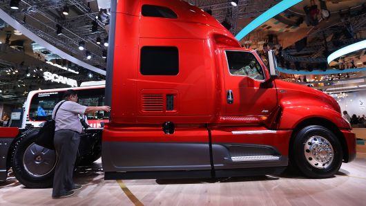 A Traton International LT A26 haulage truck sits on display on the Volkswagen AG (VW) Traton heavy-truck division exhibition area at the IAA Commercial Vehicles Show in Hanover, Germany, on Wednesday, Sept. 19, 2018.