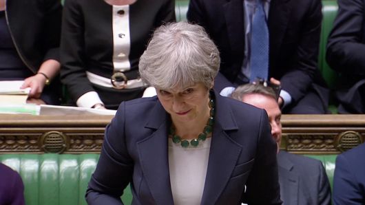 Britain's Prime Minister Theresa May speaks in Parliament, following the vote on Brexit in London, Britain, March 13, 2019, in this screen grab taken from video.