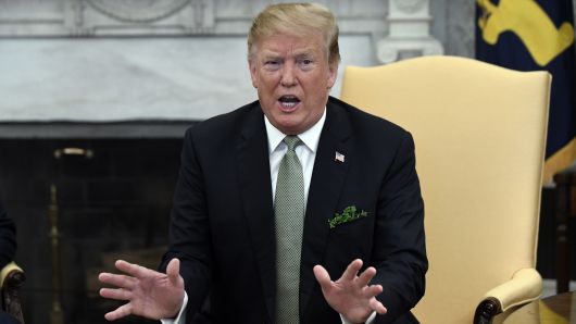 U.S. President Donald Trump speaks during a meeting with Ireland Prime Minister Leo Varadkar in the Oval Office of the White House on March 14, 2019 in Washington, DC.
