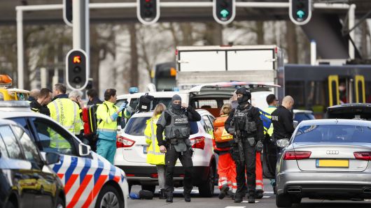 Police forces stand at the 24 Oktoberplace in Utrecht, on March 18, 2019 where a shooting took place.