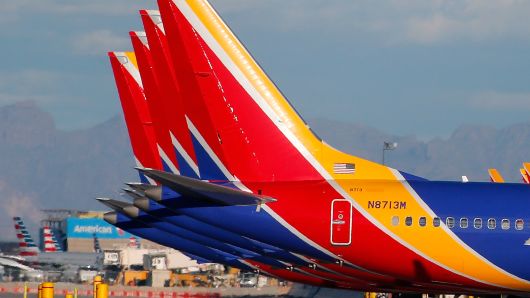 A group of Southwest Airlines Boeing 737 Max 8 aircraft sit on the tarmac at Phoenix Sky Harbor International Airport on March 13, 2019 in Phoenix, Arizona.