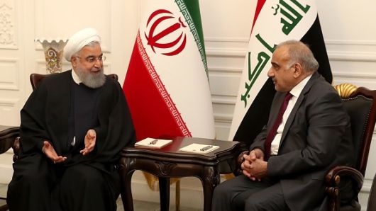 Iranian President Hassan Rouhani is welcomed by Iraqi Prime Minister Adil Abdulmehdi (R) at Iraqi Prime Ministry Palace in Baghdad, Iraq on March 11, 2019.