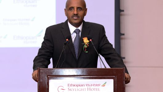 CEO of Ethiopian Airlines Tewolde Gebremariam makes a speech during an event organized by Ethiopian Airlines to mark the International Women's Day at Skylight Hotel in Addis Ababa, Ethiopia on March 8, 2019.