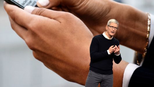Apple Inc. CEO Tim Cook speaks during a company product launch event at the Steve Jobs Theater at Apple Park on March 25, 2019 in Cupertino, California.