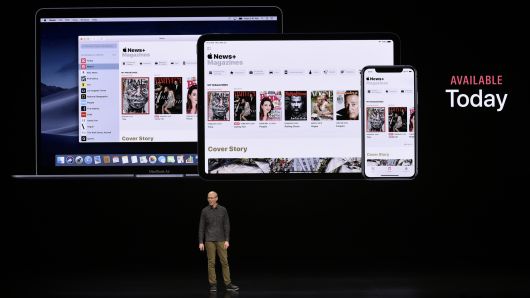 Roger Rosner, vice president of applications at Apple Inc., speaks during a company product launch event at the Steve Jobs Theater at Apple Park on March 25, 2019 in Cupertino, California.