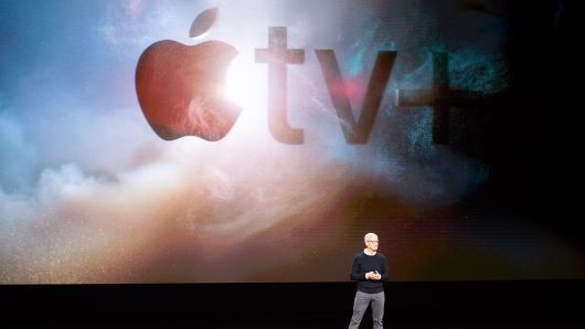 Apple CEO Tim Cook speaks during an event launching Apple tv+ at Apple headquarters on March 25, 2019, in Cupertino, California.