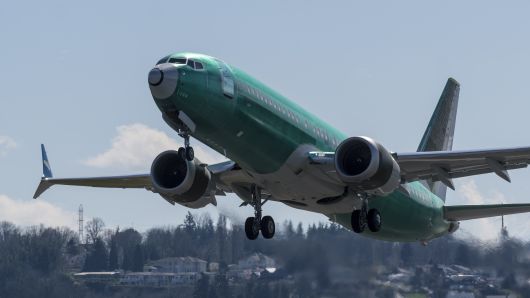 A Boeing 737 MAX 8 airliner takes off from Renton Municipal Airport near the company's factory, on March 22, 2019 in Renton, Washington.