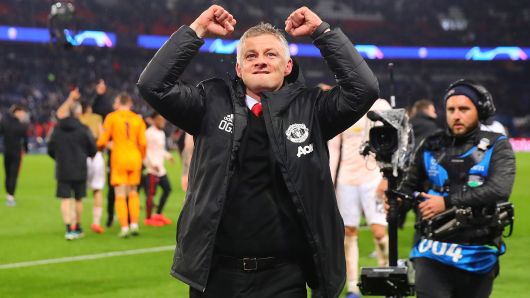 Manchester United manager Ole Gunnar-Solksjaer celebrates at full-time following the UEFA Champions League Round of 16 Second Leg match between Paris Saint-Germain and Manchester United at Parc des Princes on March 06, 2019 in Paris, France.
