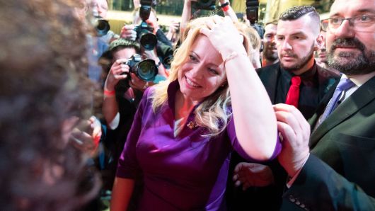 Presidential candidate Zuzana Caputova reacts as she takes a big lead after the first exit polls in her election's headquarters in Bratislava, Slovakia on March 30, 2019. - Zuzana Caputova, a Slovak government critic who faces off against the ruling party's candidate in the second round of presidential elections, is a liberal lawyer hoping to become the EU member's first female head of state.