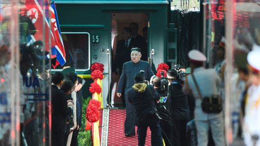 North Korea's leader Kim Jong Un (C) arrives at the Dong Dang railway station in Dong Dang, Lang Son province, on February 26, 2019, to attend the second US-North Korea summit.