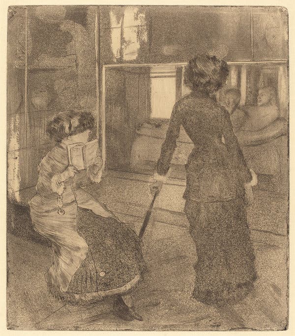 Degas portrayed Cassatt in several pieces, including this etching from 1879 or 1880, in which she is shown regarding an artwork at the Louvre.