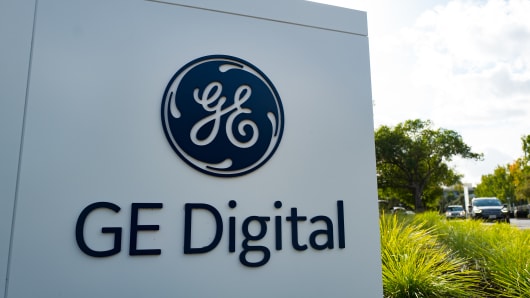 Close-up of sign for GE Digital, a division of General Electric, in the Bishop Ranch office park in San Ramon, California.
