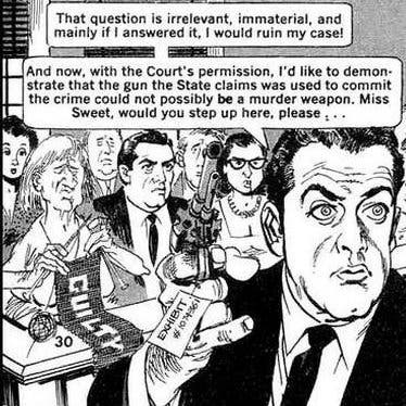 A panel by Mr. Drucker from “The Night Perry Masonmint Lost a Case,” a takeoff on the television courtroom drama “Perry Mason,” published in Mad in 1959. It was then, one commentator wrote, that “the basic movie parody format for the next 44 years was born.”
