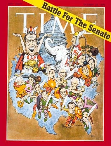 Mr. Drucker’s drawing for a 1970 Time magazine cover, “Battle for the Senate,” is now in the National Portrait Gallery.