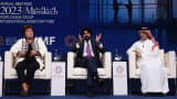 Kristalina Georgieva, managing director of the International Monetary Fund (left), Ajay Banga, president of the World Bank Group (center) and Mohammed Al-Jadaan, Saudi Arabia's finance minister, during a panel session at the annual meetings of the International Monetary Fund and World Bank in Marrakesh, Morocco, on Thursday, Oct. 12, 2023.